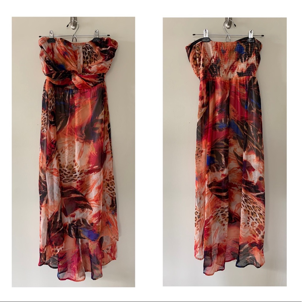 Strapless tropical print high/low dress. Size M.